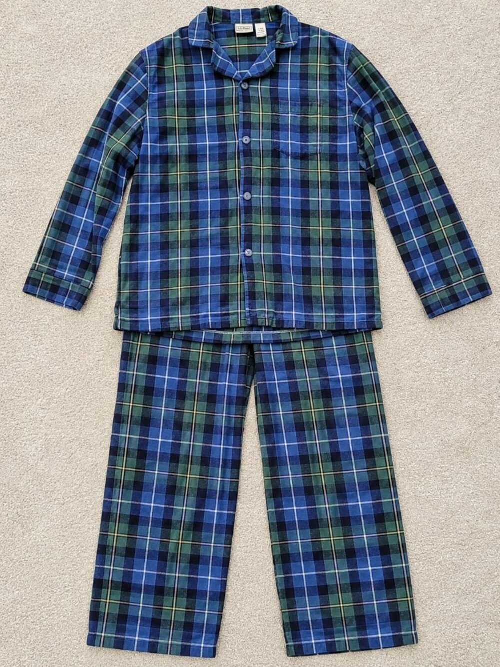 L.L.Bean Men's L Regular Blue Green Plaid 100% Cotton Flannel Pajama Set